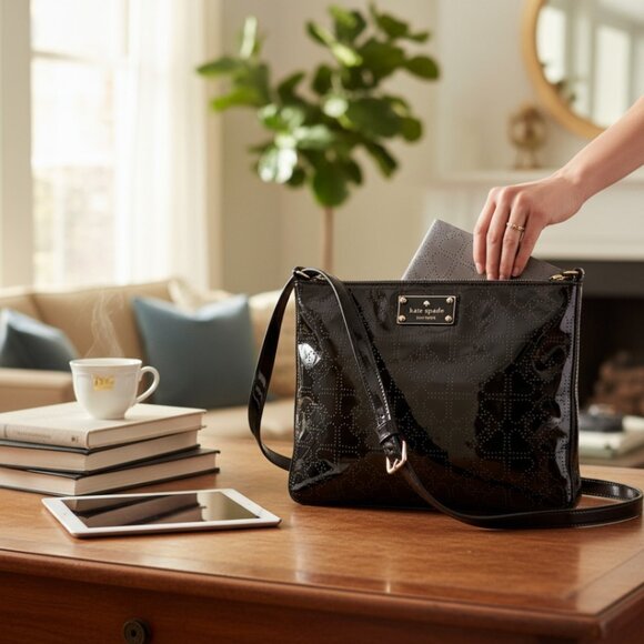 Kate Spade Darby Metro Black Slim Swing Patent Perforated Spades Crossbody - Picture 1 of 9